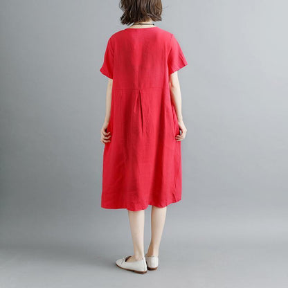 Boutique Pure Linen Dresses Retro Summer Short Sleeve Red Pockets Pleated Dress
