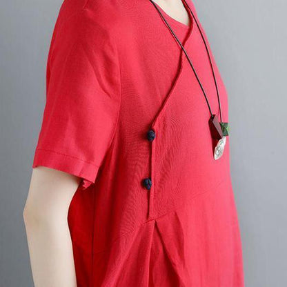 Boutique Pure Linen Dresses Retro Summer Short Sleeve Red Pockets Pleated Dress