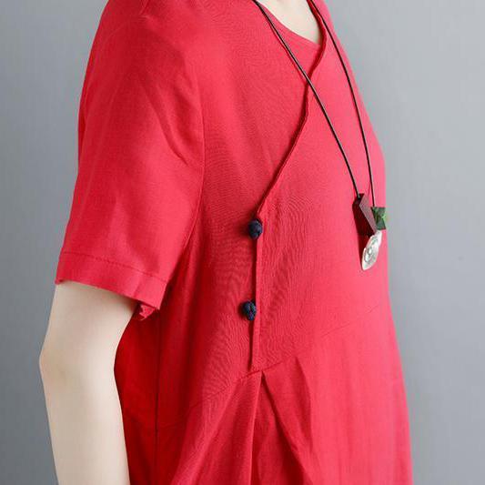 Boutique Pure Linen Dresses Retro Summer Short Sleeve Red Pockets Pleated Dress