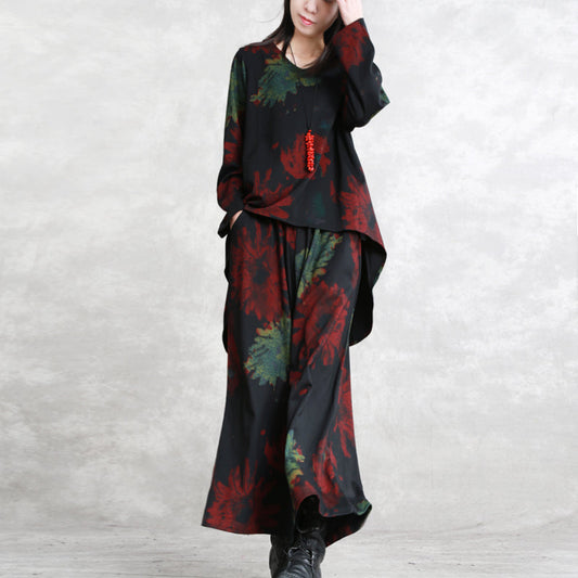 Boutique Red Green Print Midi-length Cotton Blended Two Pieces Oversize Clothing Tops Long Sleeve Baggy O Neck Asymmetric Tops and Baggy Pants