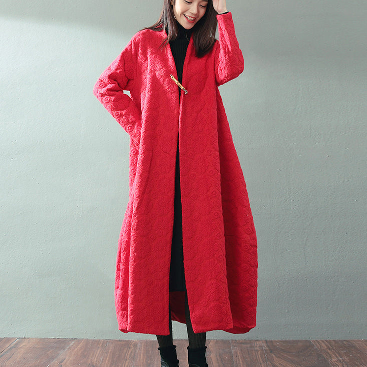 Boutique Red Maxi Coat V Neck Baggy Coats Fine Jacquard Wool Coat