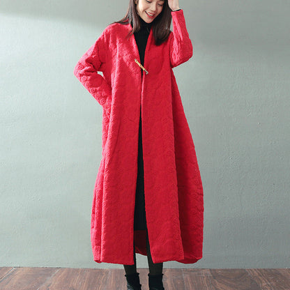 Boutique Red Maxi Coat V Neck Baggy Coats Fine Jacquard Wool Coat