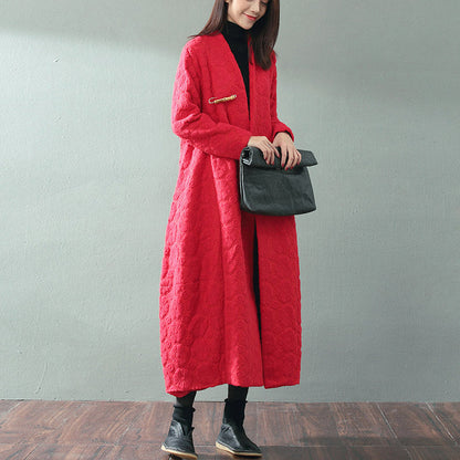 Boutique Red Maxi Coat V Neck Baggy Coats Fine Jacquard Wool Coat