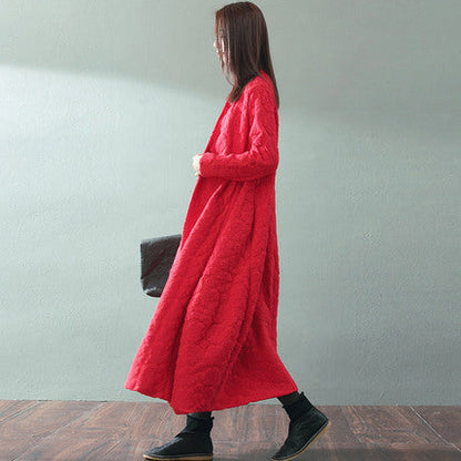 Boutique Red Maxi Coat V Neck Baggy Coats Fine Jacquard Wool Coat
