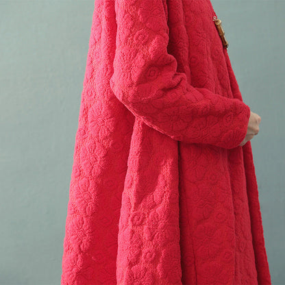 Boutique Red Maxi Coat V Neck Baggy Coats Fine Jacquard Wool Coat