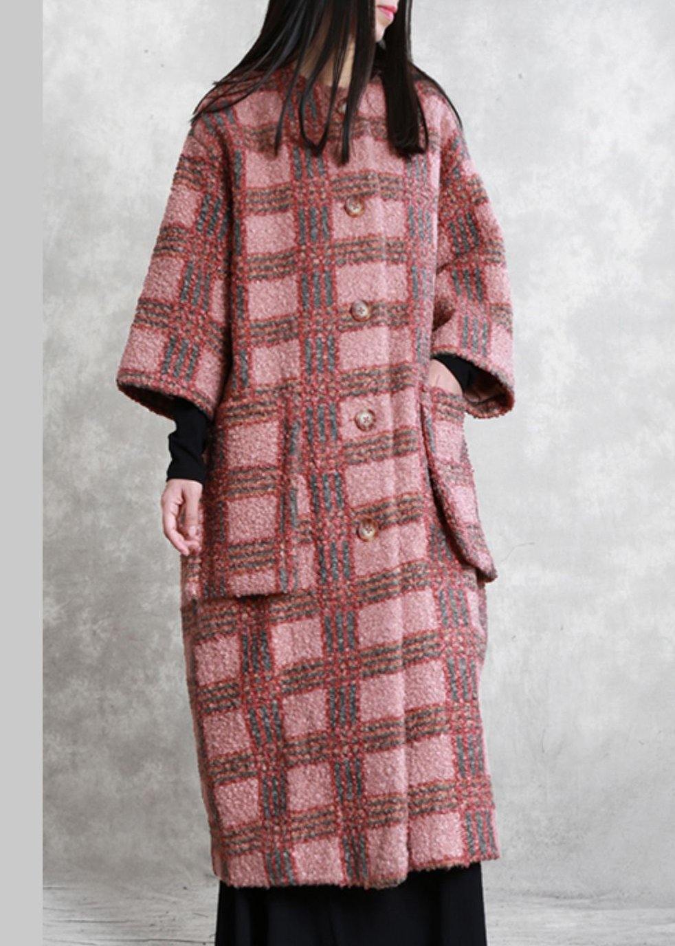 Boutique Red Plaid Woolen Coats Oversized Long Winter Pockets Button Coat