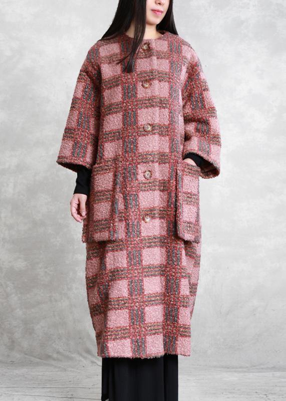 Boutique Red Plaid Woolen Coats Oversized Long Winter Pockets Button Coat