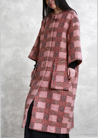 Boutique Red Plaid Woolen Coats Oversized Long Winter Pockets Button Coat