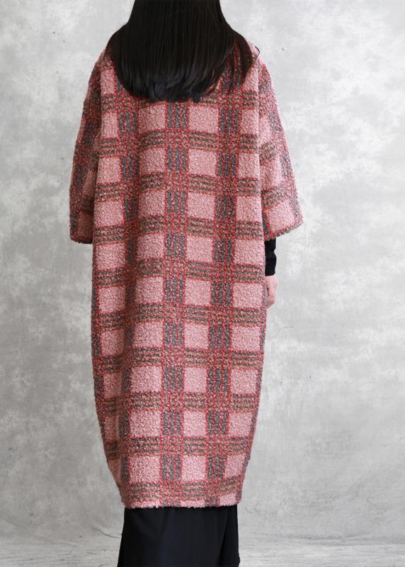Boutique Red Plaid Woolen Coats Oversized Long Winter Pockets Button Coat