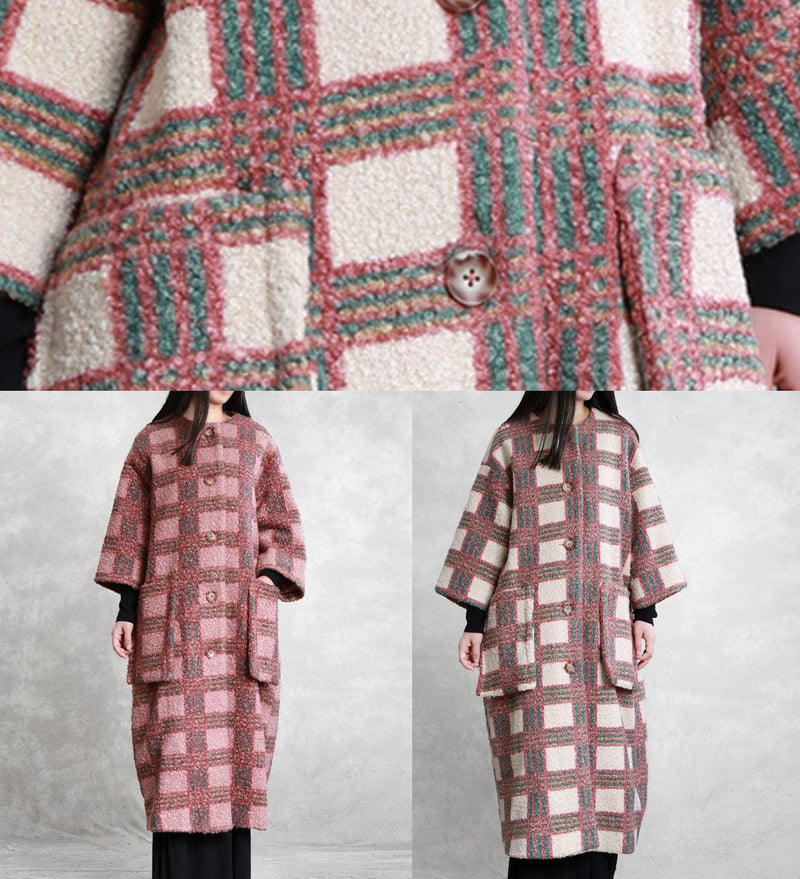 Boutique Red Plaid Woolen Coats Oversized Long Winter Pockets Button Coat