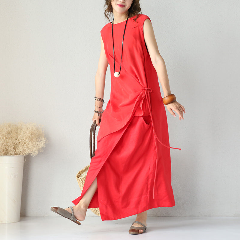 Boutique Red Silk Linen Dresses Oversized Asymmetric Silk Linen Clothing Dress Fine Tei Waist Maxi Dresses