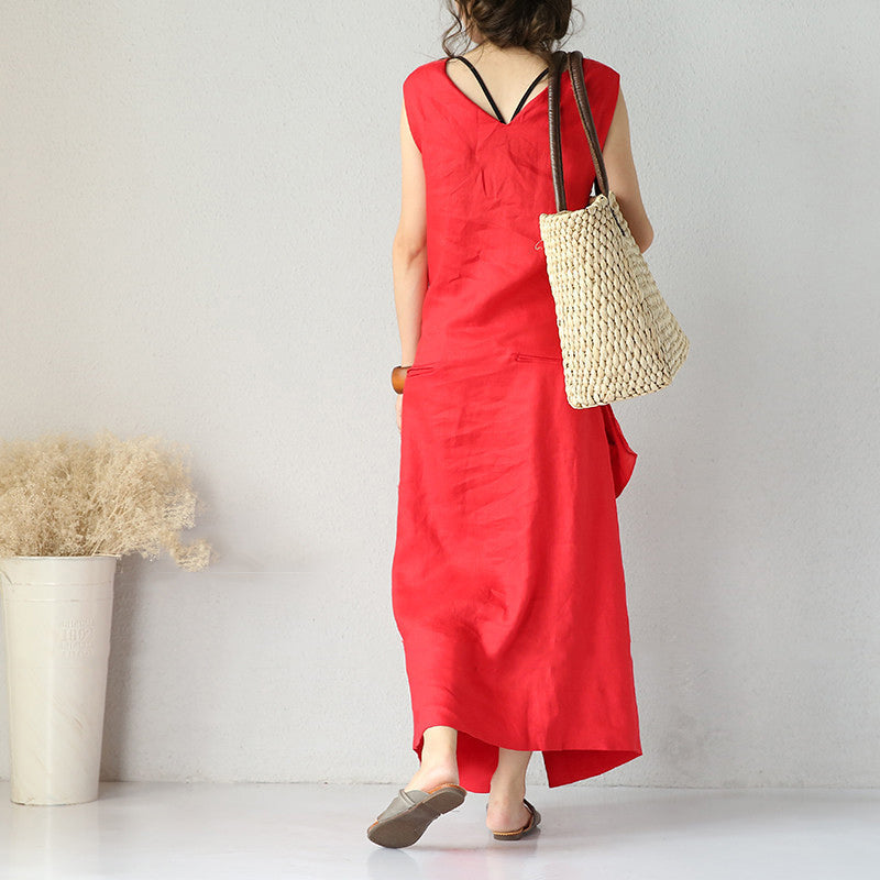 Boutique Red Silk Linen Dresses Oversized Asymmetric Silk Linen Clothing Dress Fine Tei Waist Maxi Dresses