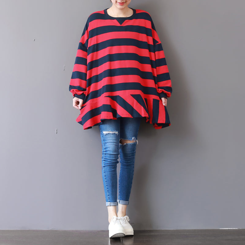 Boutique Red Striped Natural Cotton T Shirt Cotton Clothing Blouses Fine Patchwork O Neck Cotton T Shirt
