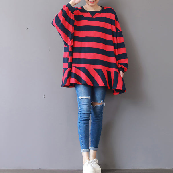 Boutique Red Striped Natural Cotton T Shirt Cotton Clothing Blouses Fine Patchwork O Neck Cotton T Shirt