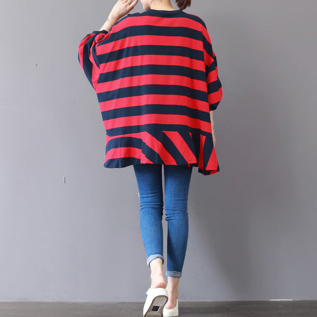 Boutique Red Striped Natural Cotton T Shirt Cotton Clothing Blouses Fine Patchwork O Neck Cotton T Shirt