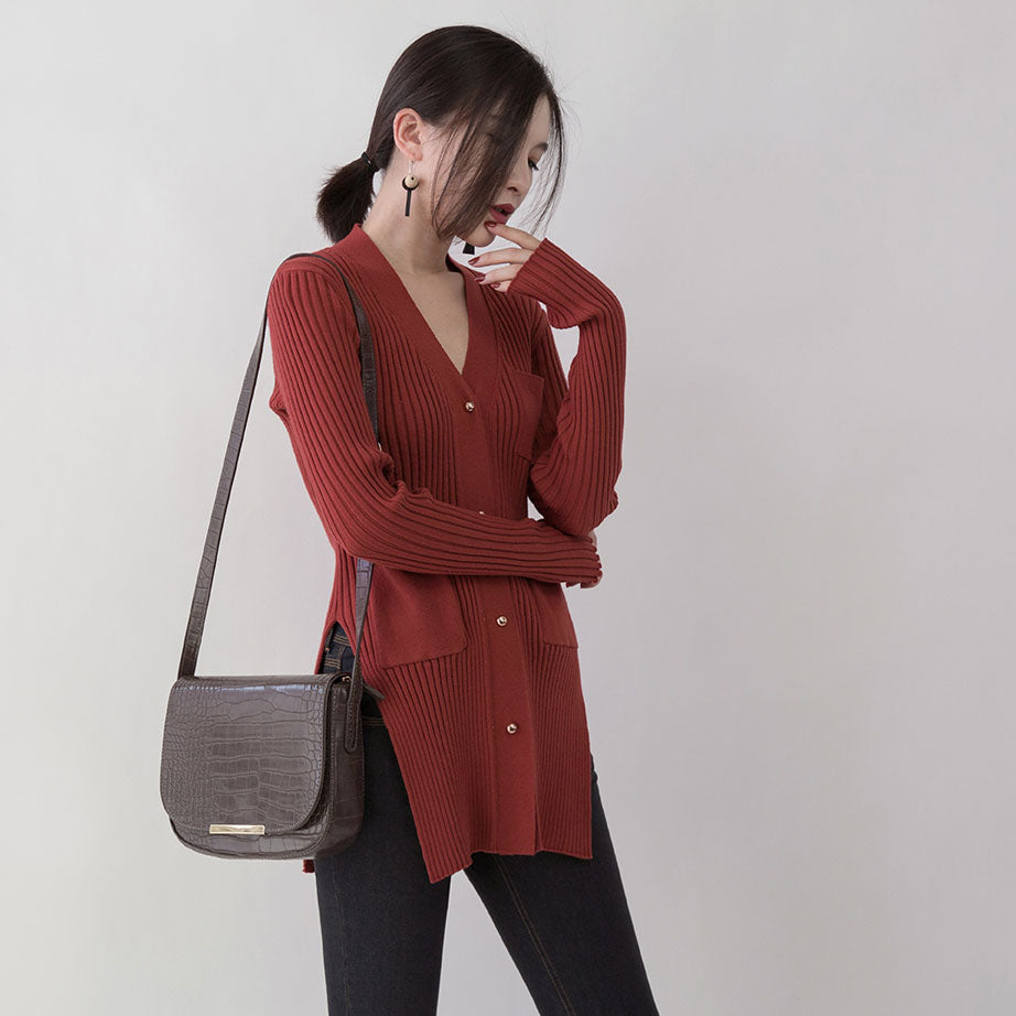 Boutique Red Sweaters Oversize V Neck Pockets Sweaters Fine Side Open Winter Sweaters