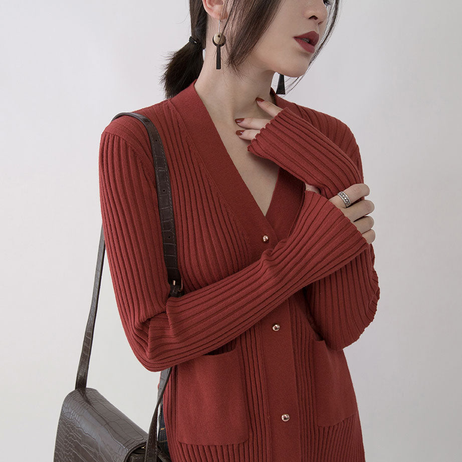 Boutique Red Sweaters Oversize V Neck Pockets Sweaters Fine Side Open Winter Sweaters