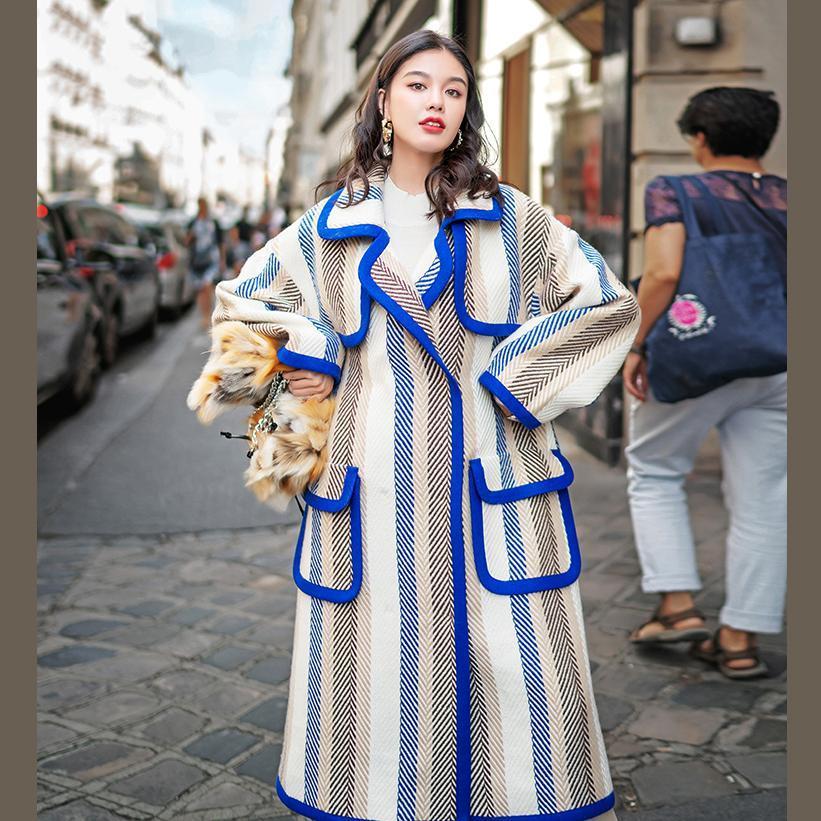 Boutique Striped Long Coat Notched Trench Coat Fine Pockets Winter Coat
