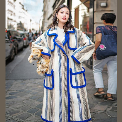 Boutique Striped Long Coat Notched Trench Coat Fine Pockets Winter Coat