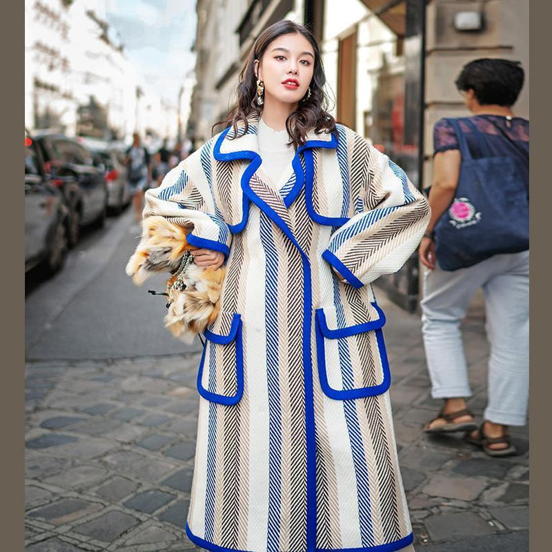 Boutique Striped Long Coat Notched Trench Coat Fine Pockets Winter Coat