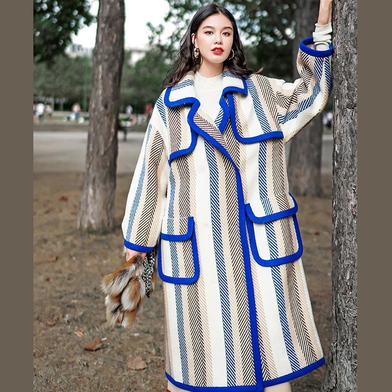 Boutique Striped Long Coat Notched Trench Coat Fine Pockets Winter Coat