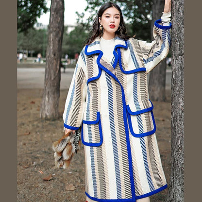 Boutique Striped Long Coat Notched Trench Coat Fine Pockets Winter Coat