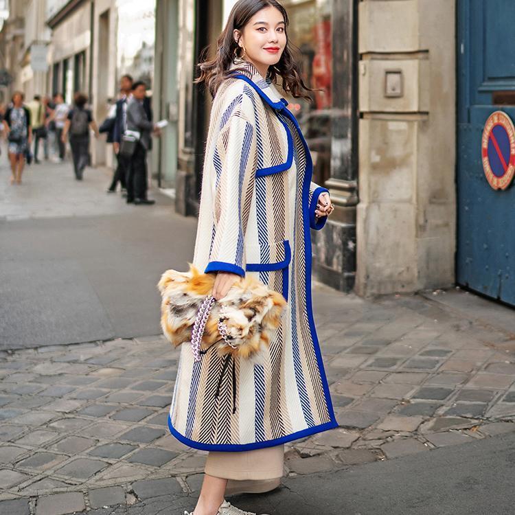 Boutique Striped Long Coat Notched Trench Coat Fine Pockets Winter Coat