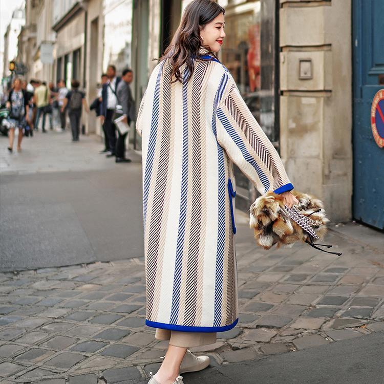 Boutique Striped Long Coat Notched Trench Coat Fine Pockets Winter Coat