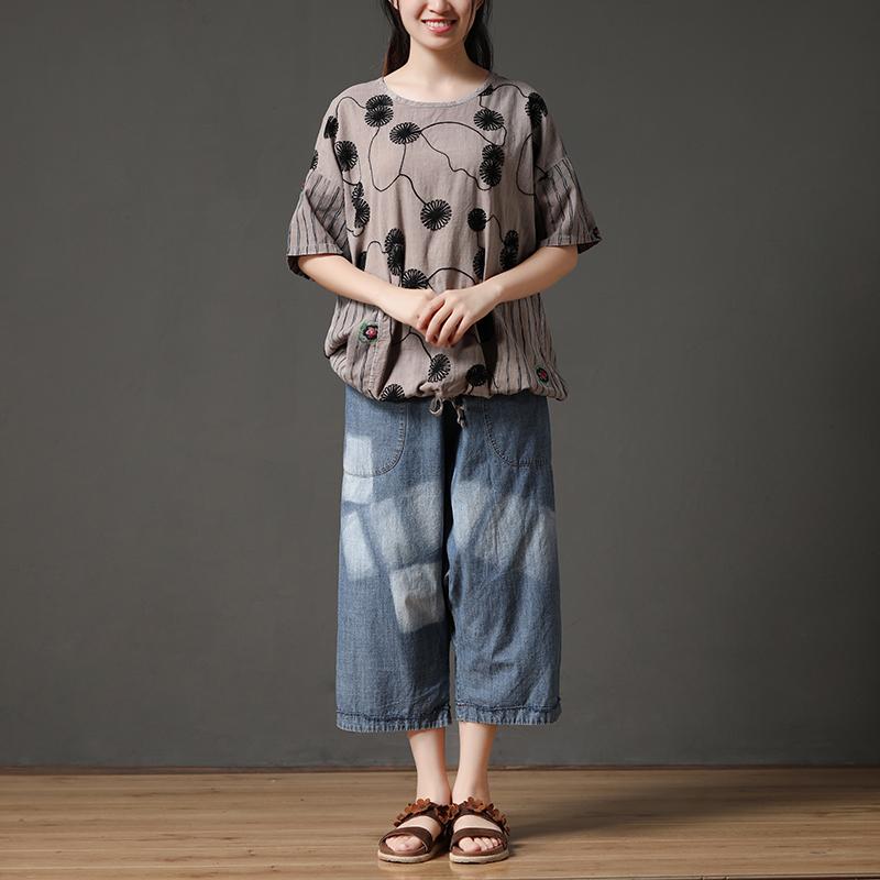 Boutique Summer Cotton Tops Cotton Embroidery Flower Beige Shirt