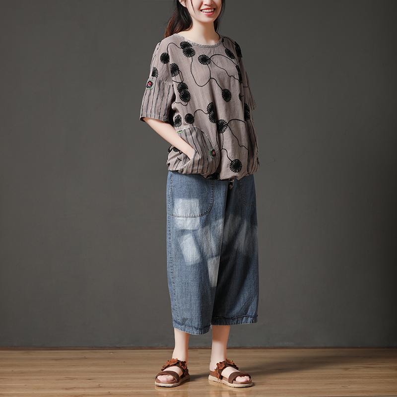 Boutique Summer Cotton Tops Cotton Embroidery Flower Beige Shirt