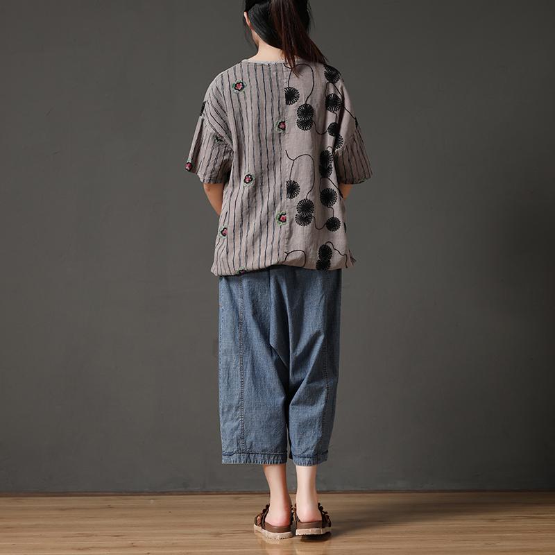 Boutique Summer Cotton Tops Cotton Embroidery Flower Beige Shirt