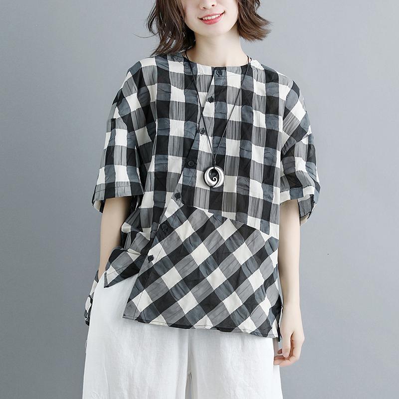 Boutique Summer Cotton Tops Clothing Summer 12 Sleeve Plaid Blouse