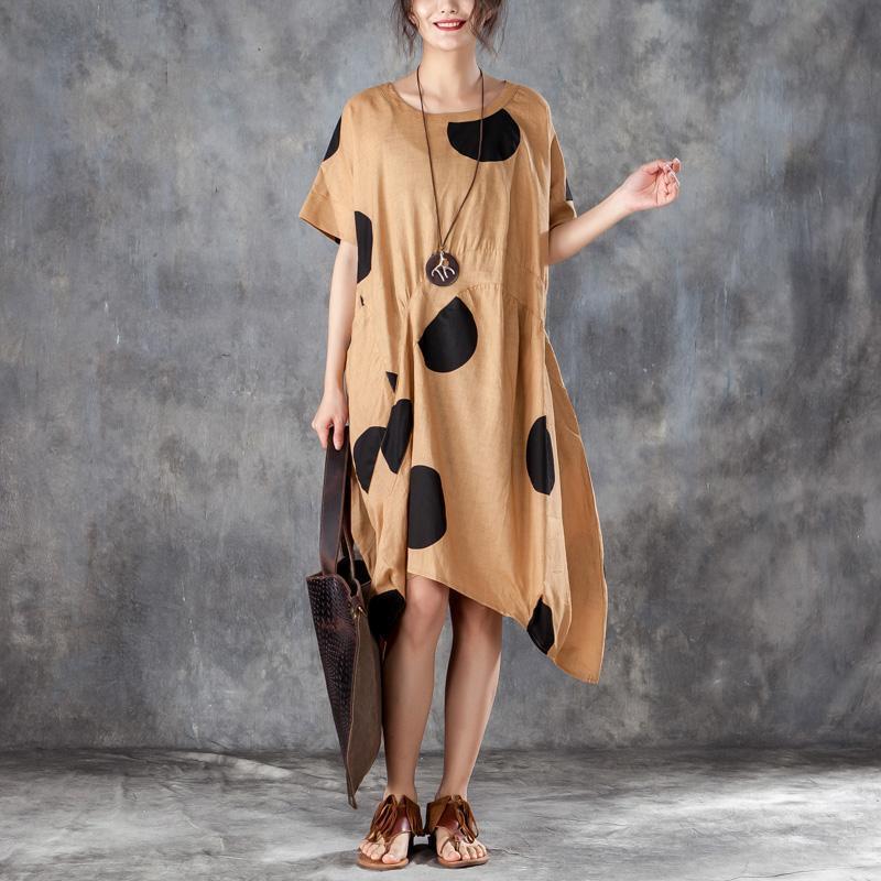 Boutique Summer Dress Loose Linen Polka Dot Dress With Pocket