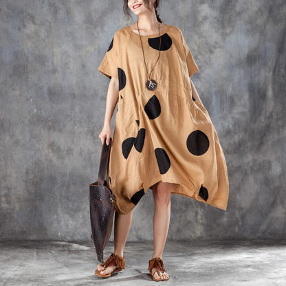 Boutique Summer Dress Loose Linen Polka Dot Dress With Pocket