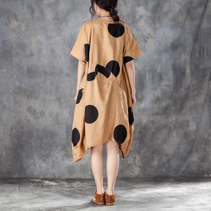 Boutique Summer Dress Loose Linen Polka Dot Dress With Pocket