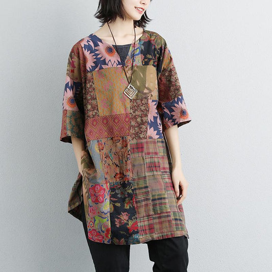 Boutique Summer T Shirt Short Sleeve Summer Flower Slit Long Tops