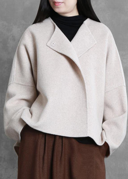Boutique Medium Length Jacket Beige O Neck Pockets Wool Coat