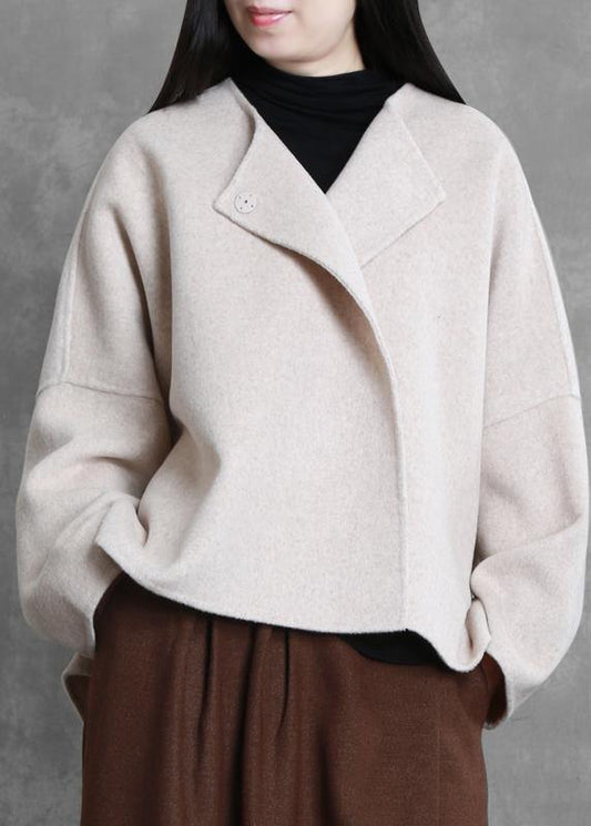Boutique Medium Length Jacket Beige O Neck Pockets Wool Coat