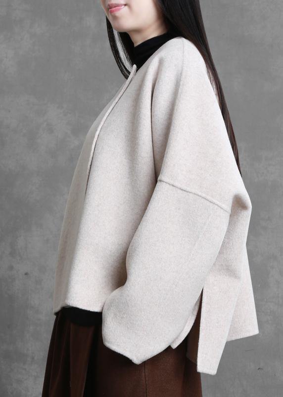 Boutique Medium Length Jacket Beige O Neck Pockets Wool Coat
