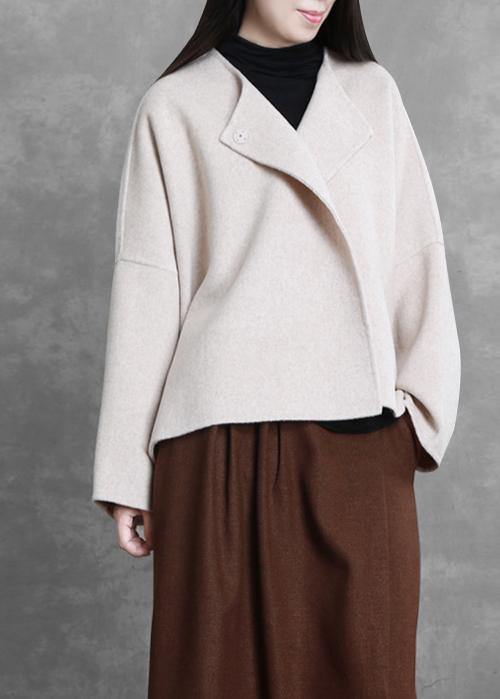 Boutique Medium Length Jacket Beige O Neck Pockets Wool Coat
