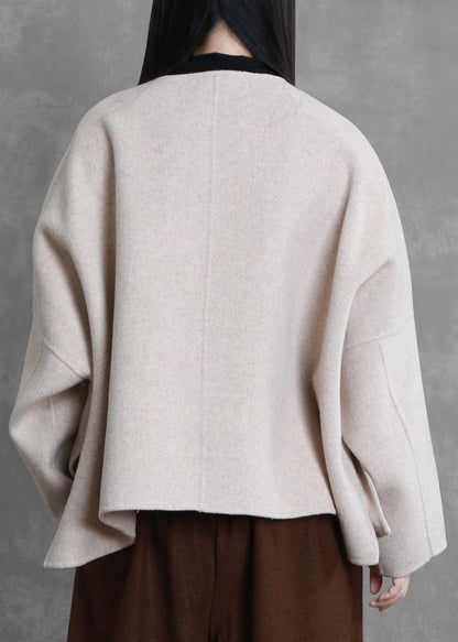 Boutique Medium Length Jacket Beige O Neck Pockets Wool Coat