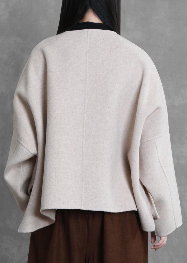 Boutique Medium Length Jacket Beige O Neck Pockets Wool Coat