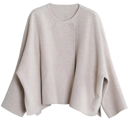 Boutique Medium Length Jacket Beige O Neck Pockets Wool Coat