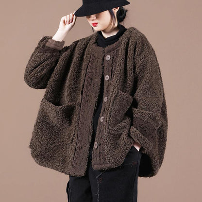 Boutique Spring Coats Chocolate O Neck Patchwork Fuzzy Wool Coat for Woman