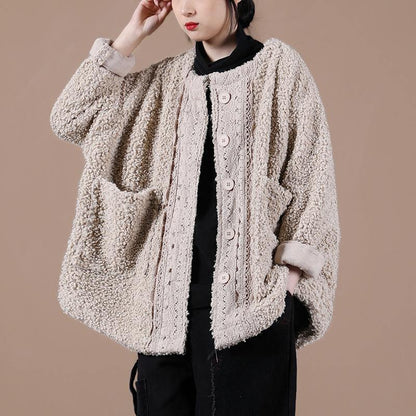 Boutique Spring Coats Chocolate O Neck Patchwork Fuzzy Wool Coat for Woman