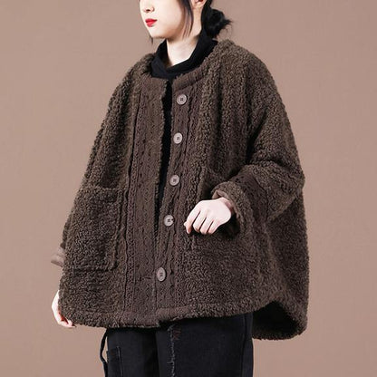 Boutique Spring Coats Chocolate O Neck Patchwork Fuzzy Wool Coat for Woman