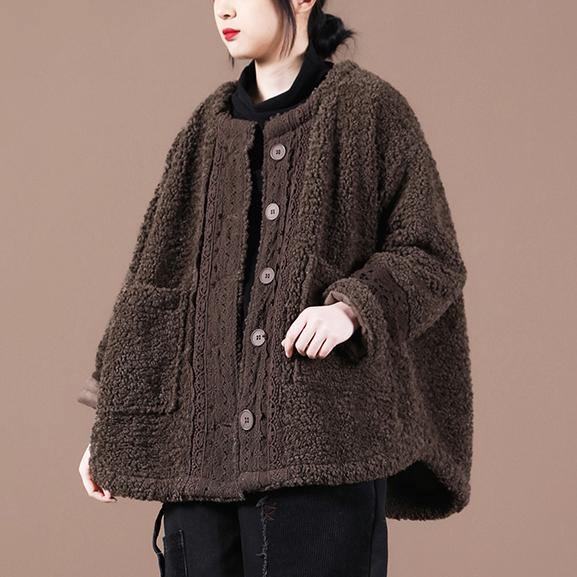 Boutique Spring Coats Chocolate O Neck Patchwork Fuzzy Wool Coat for Woman