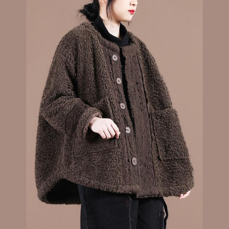 Boutique Spring Coats Chocolate O Neck Patchwork Fuzzy Wool Coat for Woman