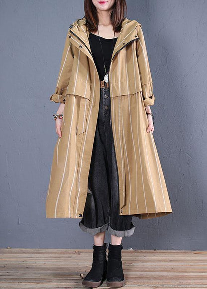 Boutique Coats Fall Khaki Striped Hooded Zippered Overcoat