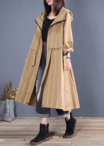 Boutique Coats Fall Khaki Striped Hooded Zippered Overcoat